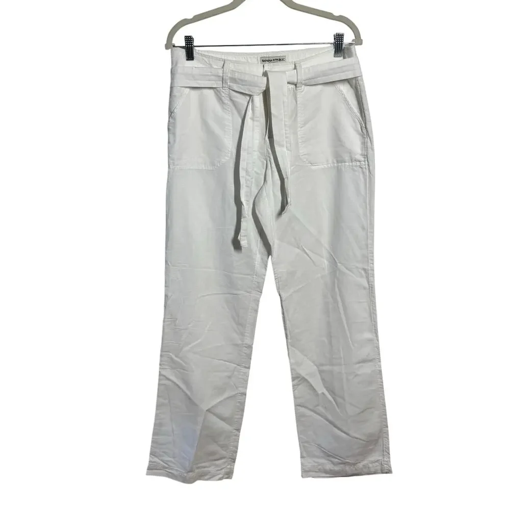 Banana Republic Tie Belt Straight Leg Pant Women 8 White Linen Coastal Beach‎